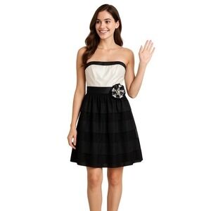 WHBM Black Cream Silk & Mesh Strapless Classic‎ Cocktail Dress Women's Size 0